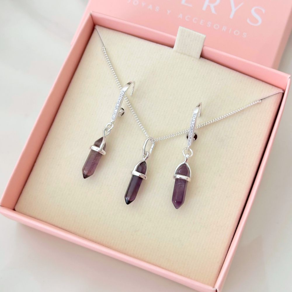Set Collar y Aretes Cuarzo Amatista Plata
